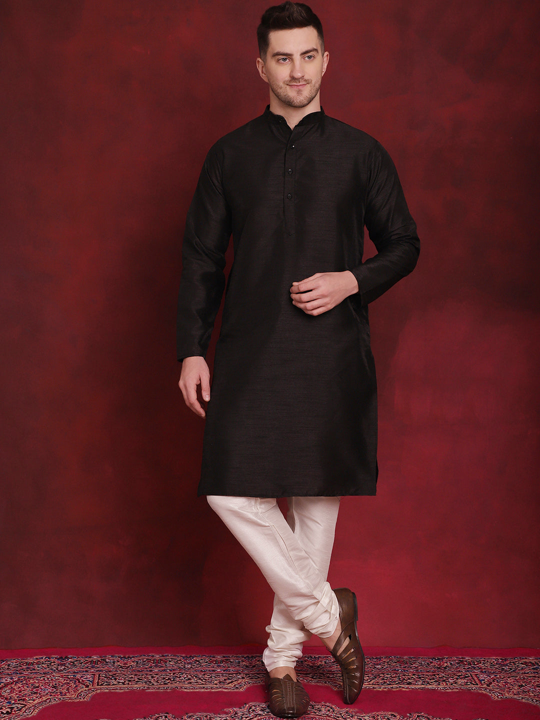 Black Woven Design Nehru Jacket With Kurta Pyjama Set ( JOKPWC 636B 4091Black )