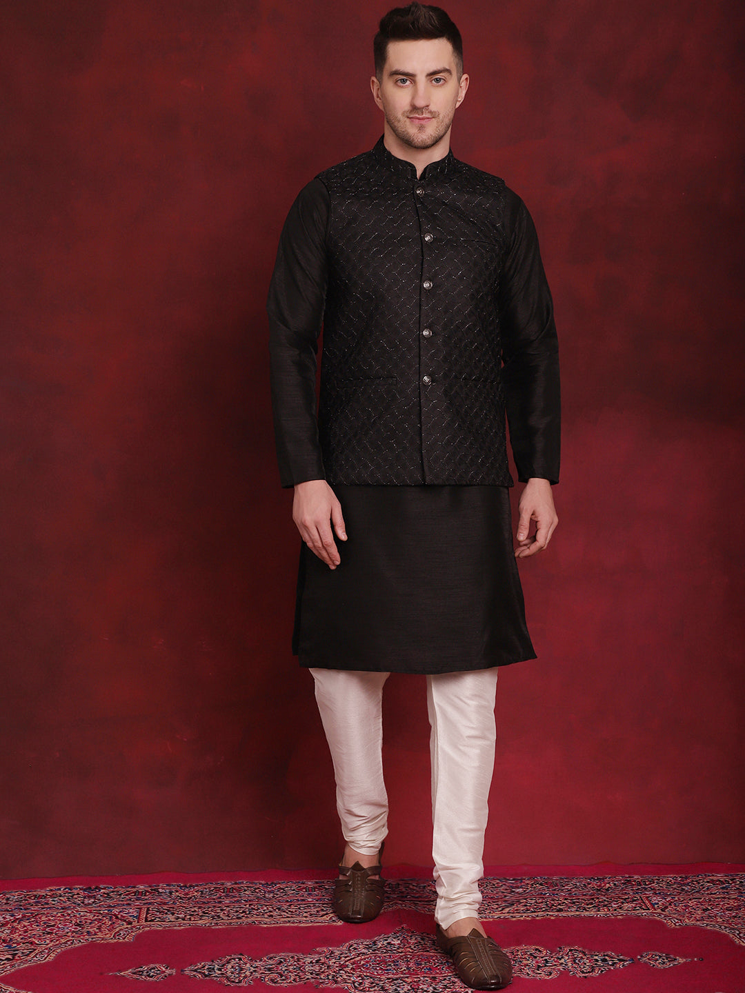 Black Woven Design Nehru Jacket With Kurta Pyjama Set ( JOKPWC 636B 4091Black )