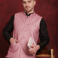 Coral Woven Design Nehru Jacket With Kurta Pyjama Set ( JOKPWC 636B 4091Coral )