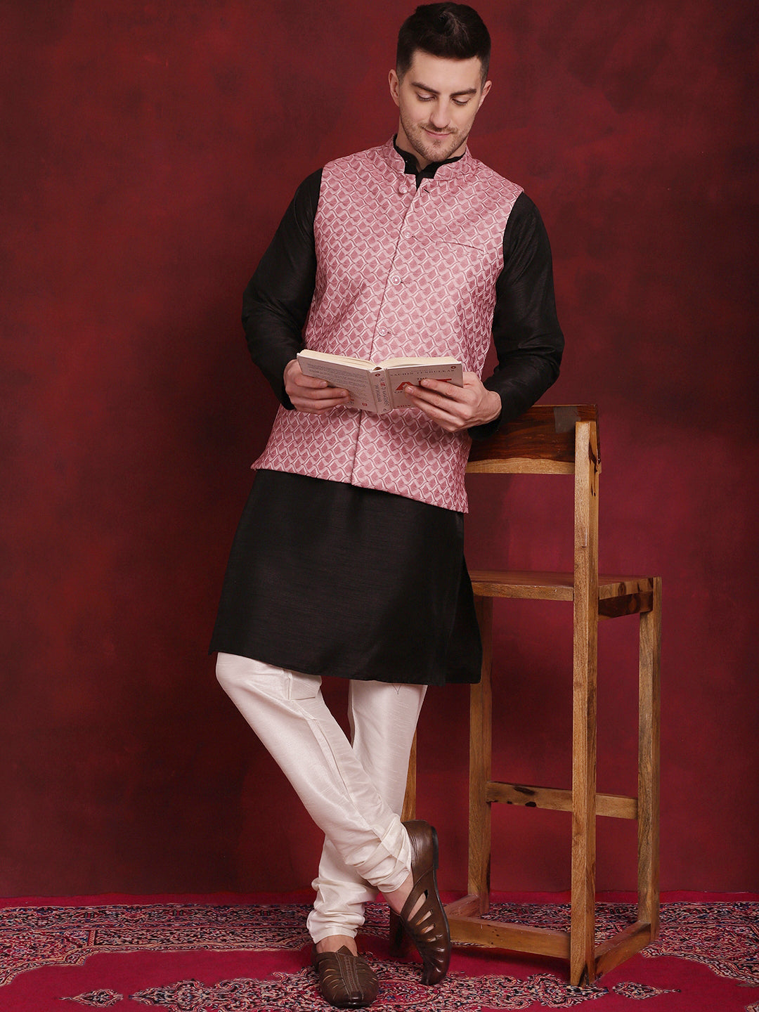 Coral Woven Design Nehru Jacket With Kurta Pyjama Set ( JOKPWC 636B 4091Coral )