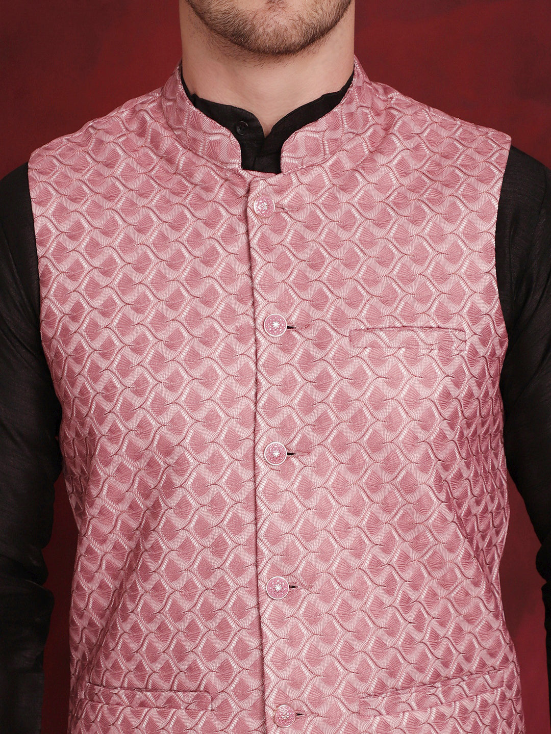 Coral Woven Design Nehru Jacket With Kurta Pyjama Set ( JOKPWC 636B 4091Coral )