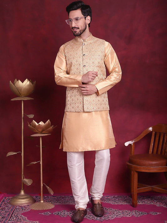 Woven Design Nehru Jacket With Kurta Pyjama Set ( JOKPWC 636DG 4089 Cream )