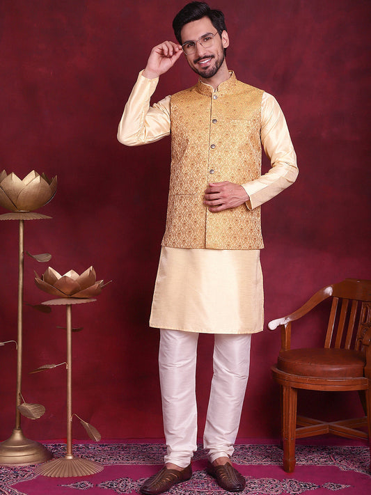 Woven Design Nehru Jacket With Kurta Pyjama Set ( JOKPWC 636G 4089 Mustard )