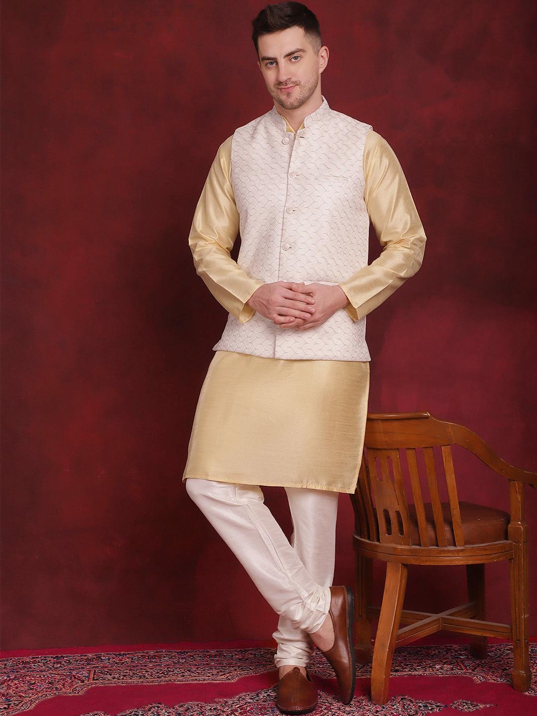 White Woven Design Nehru Jacket With Kurta Pyjama Set ( JOKPWC 636G 4091White )