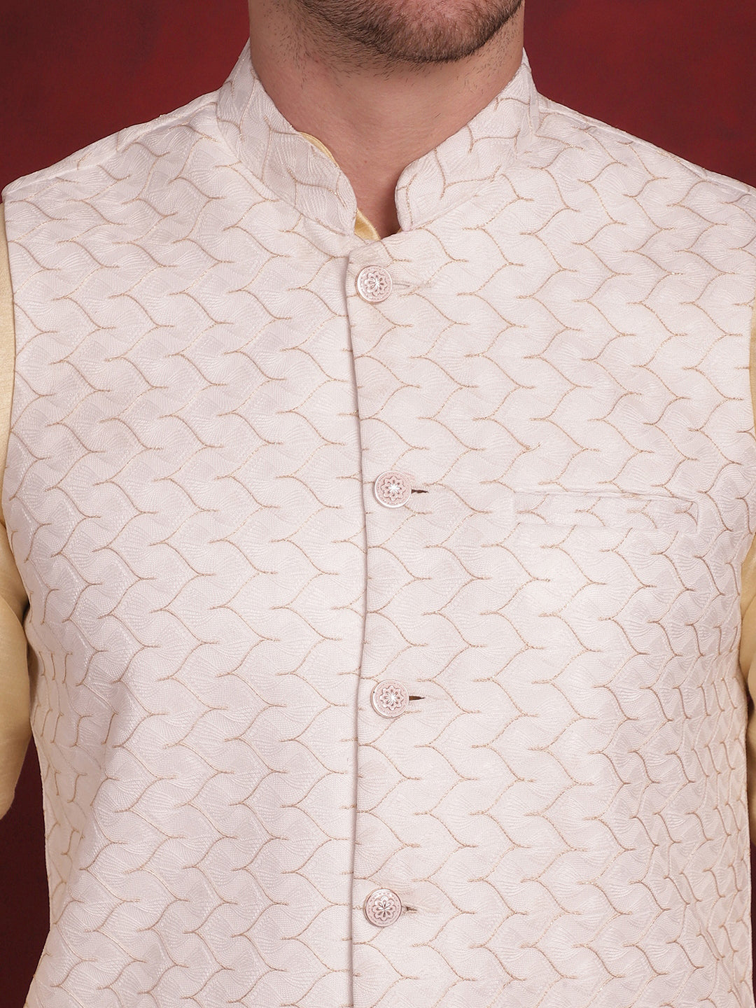 White Woven Design Nehru Jacket With Kurta Pyjama Set ( JOKPWC 636G 4091White )