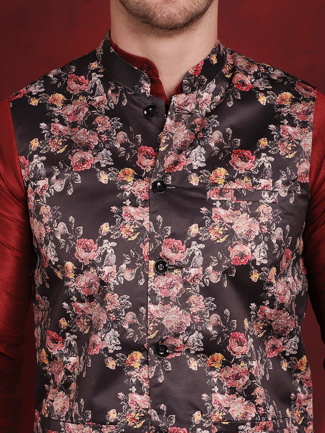 Black Floral Printed Nehru Jacket With Kurta Pyjama Set ( JOKPWC 636M 4090Black )