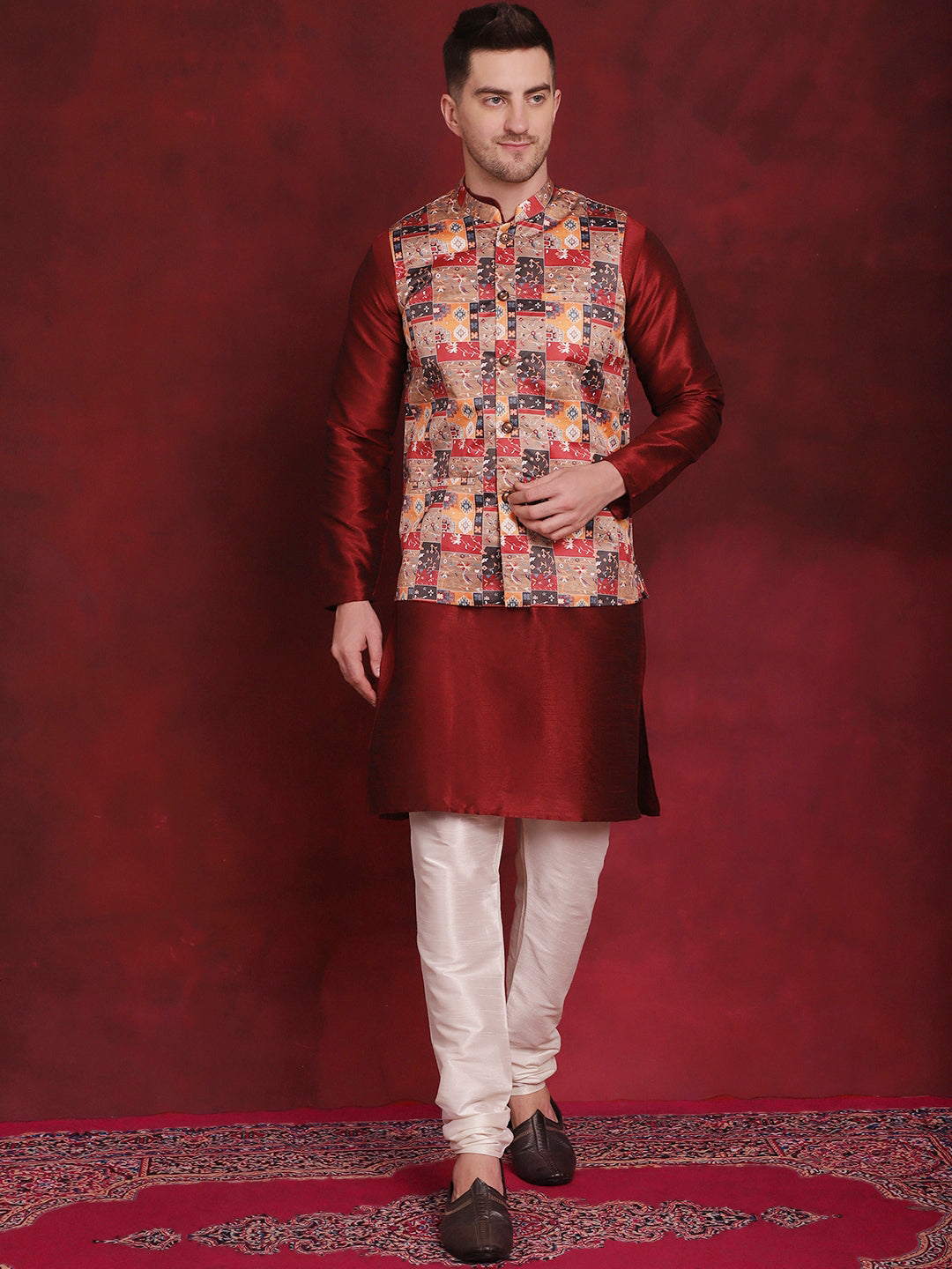 Multi Printed Nehru Jacket With Kurta Pyjama Set ( JOKPWC 636M 4090Multi )