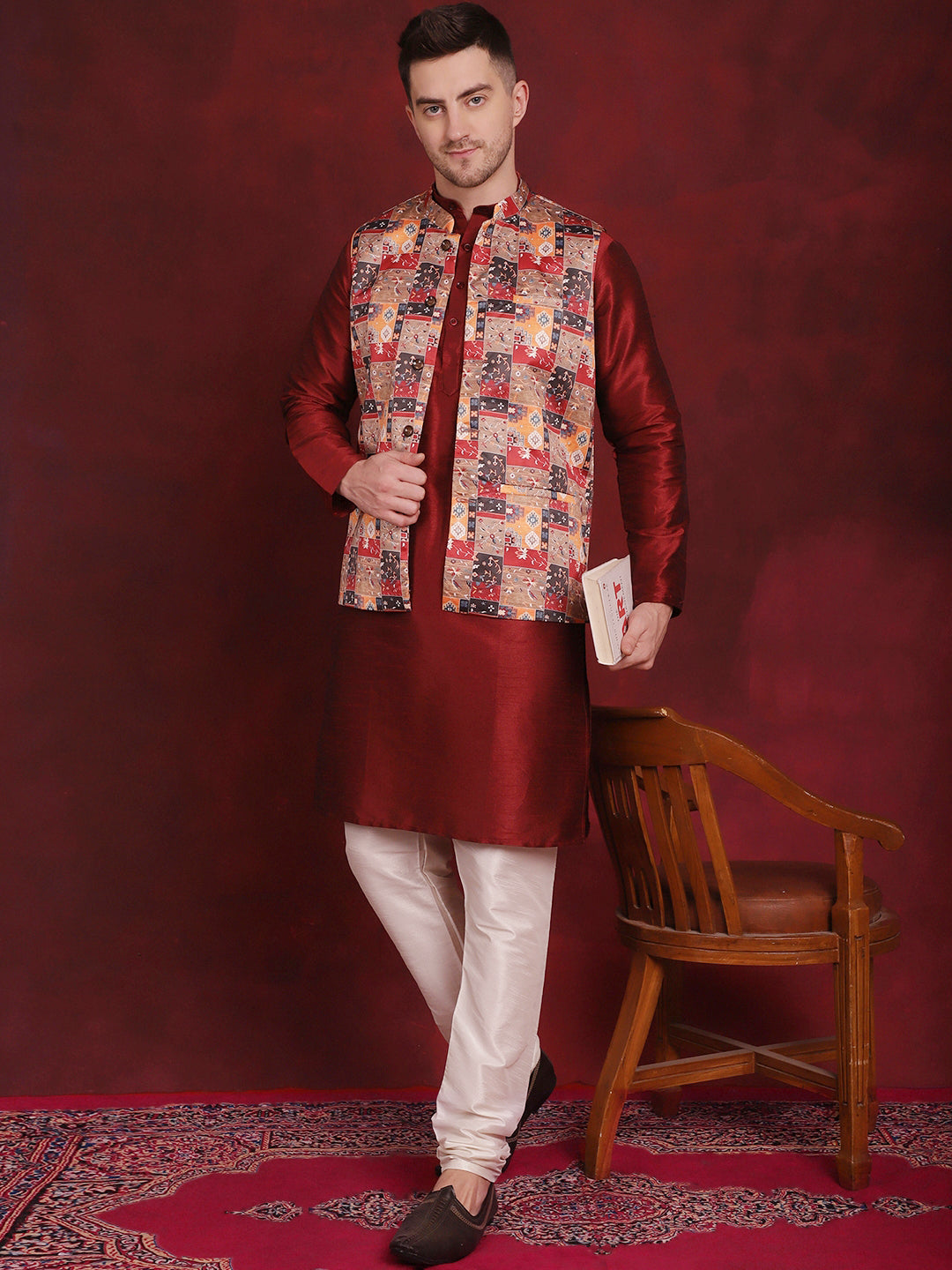Multi Printed Nehru Jacket With Kurta Pyjama Set ( JOKPWC 636M 4090Multi )