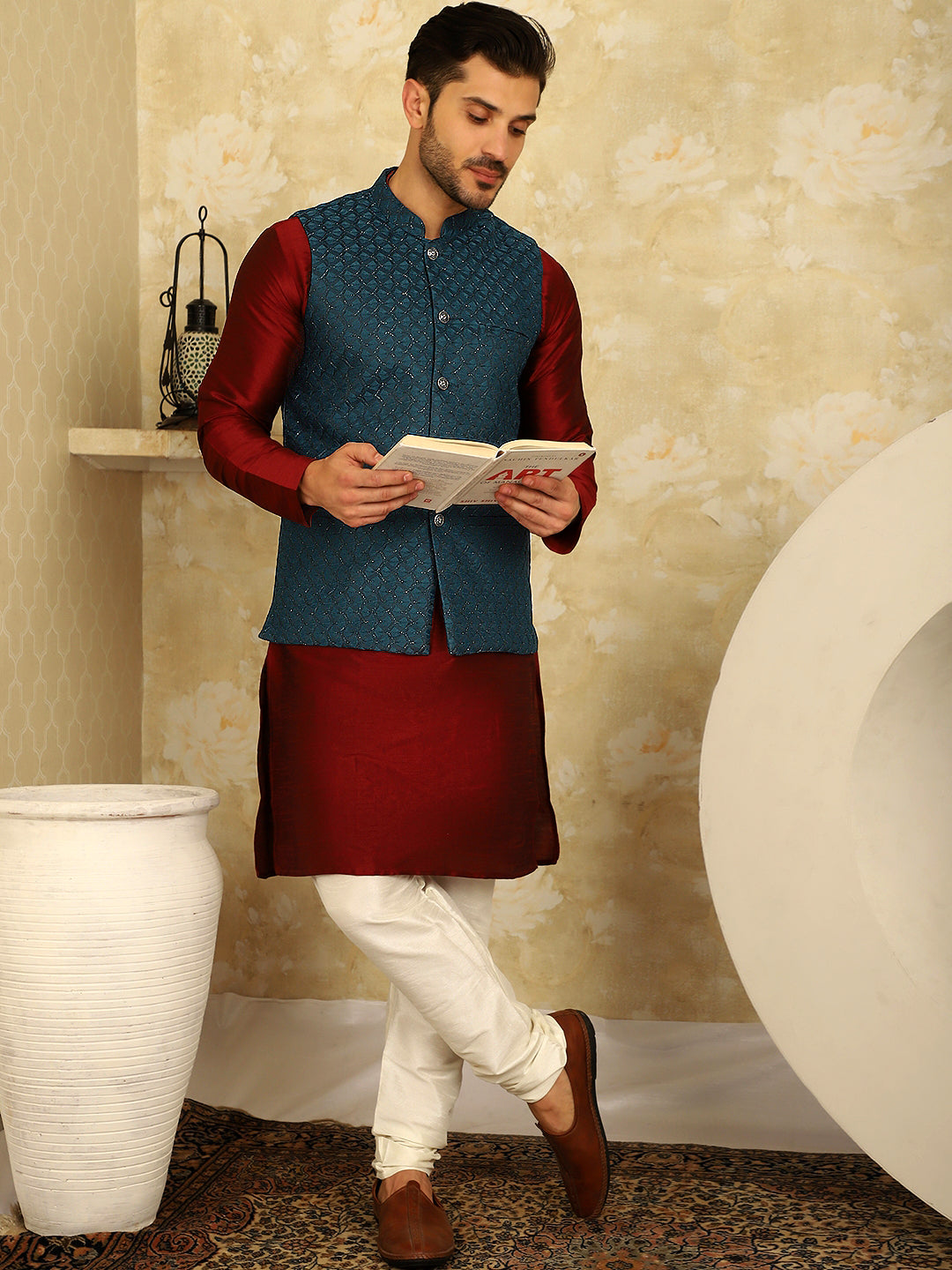 Blue Woven Design Nehru Jacket With Kurta Pyjama Set ( JOKPWC 636M 4091Peacock )