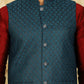 Blue Woven Design Nehru Jacket With Kurta Pyjama Set ( JOKPWC 636M 4091Peacock )