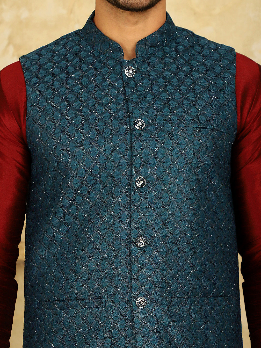 Blue Woven Design Nehru Jacket With Kurta Pyjama Set ( JOKPWC 636M 4091Peacock )