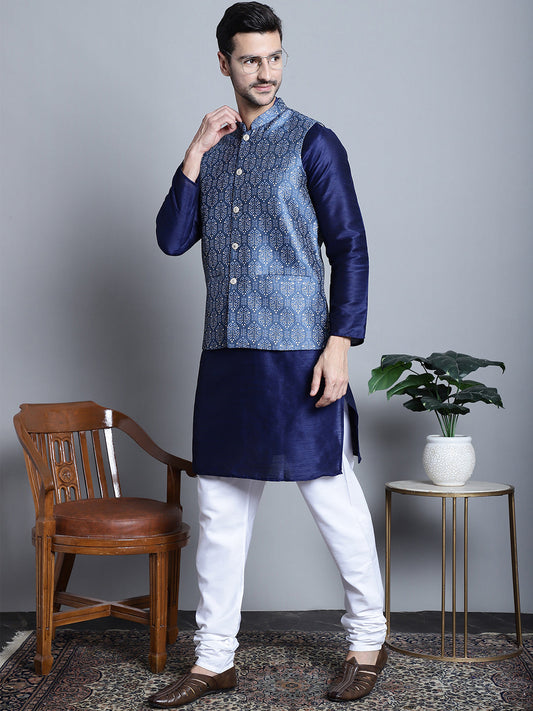 Men's Printed Nehru Jacket With Kurta Pyjama Set ( JOKPWC 636N 4084 Blue )