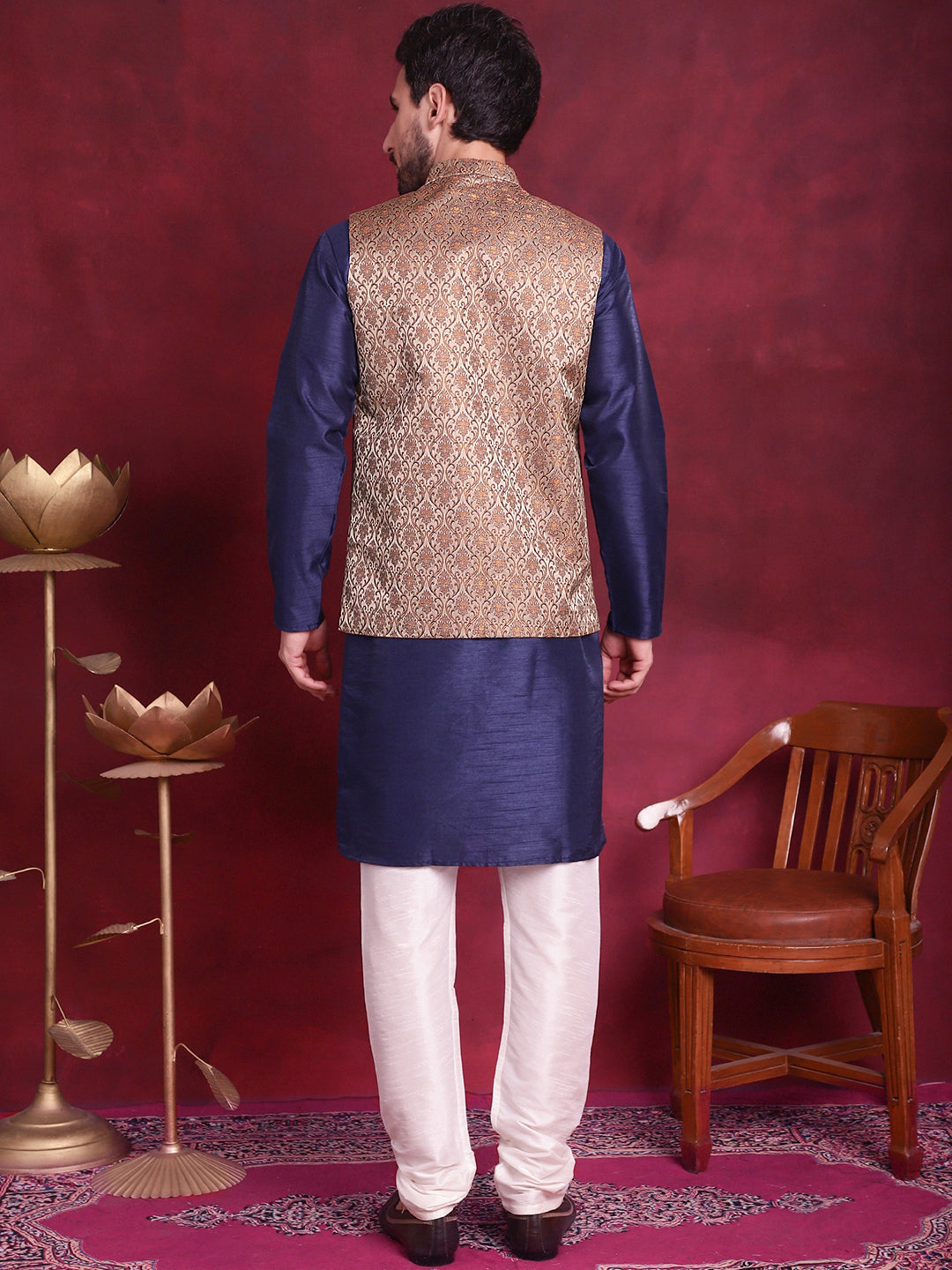Woven Design Nehru Jacket With Kurta Pyjama Set ( JOKPWC 636N 4089 Brown )