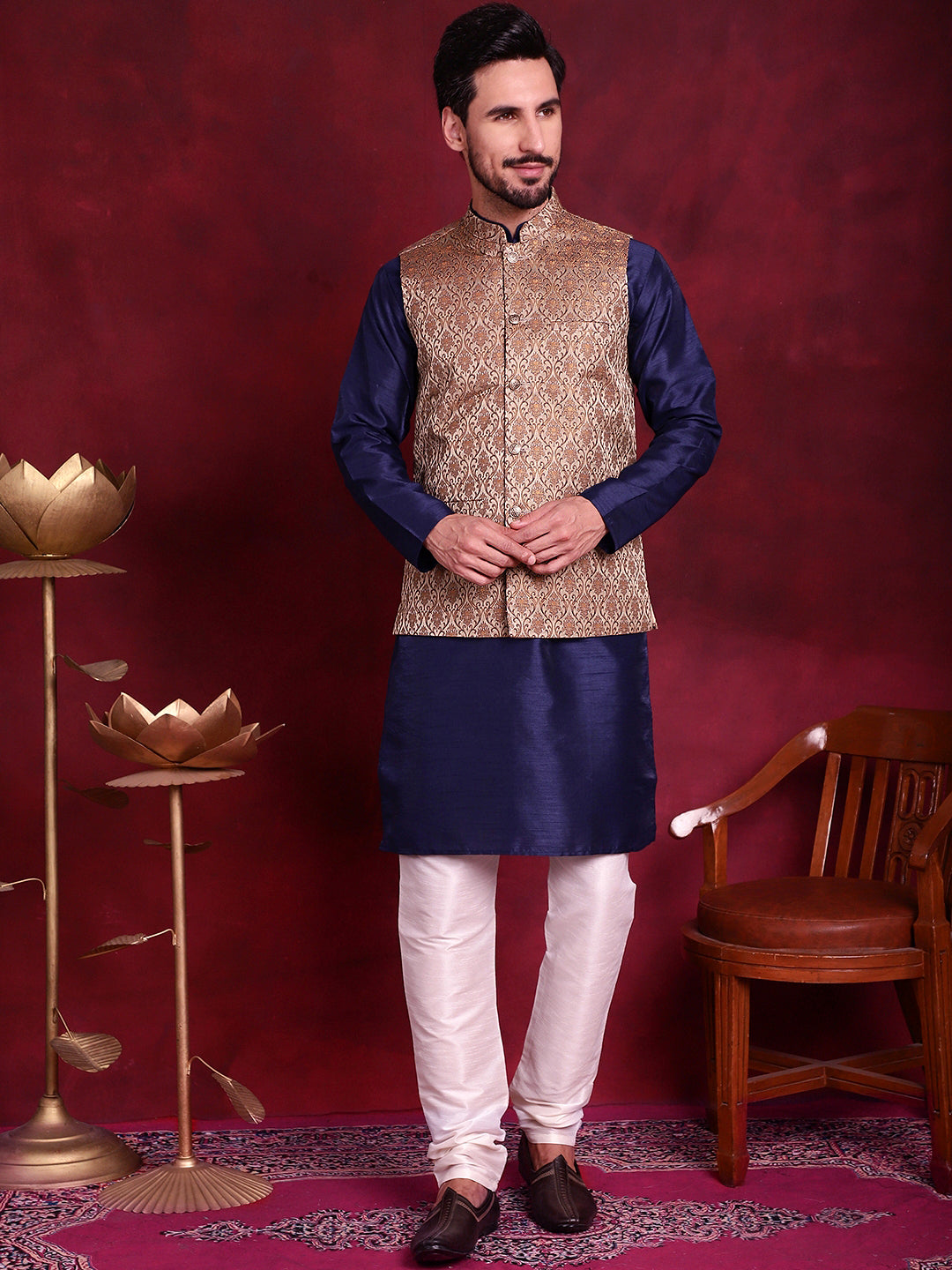 Woven Design Nehru Jacket With Kurta Pyjama Set ( JOKPWC 636N 4089 Brown )