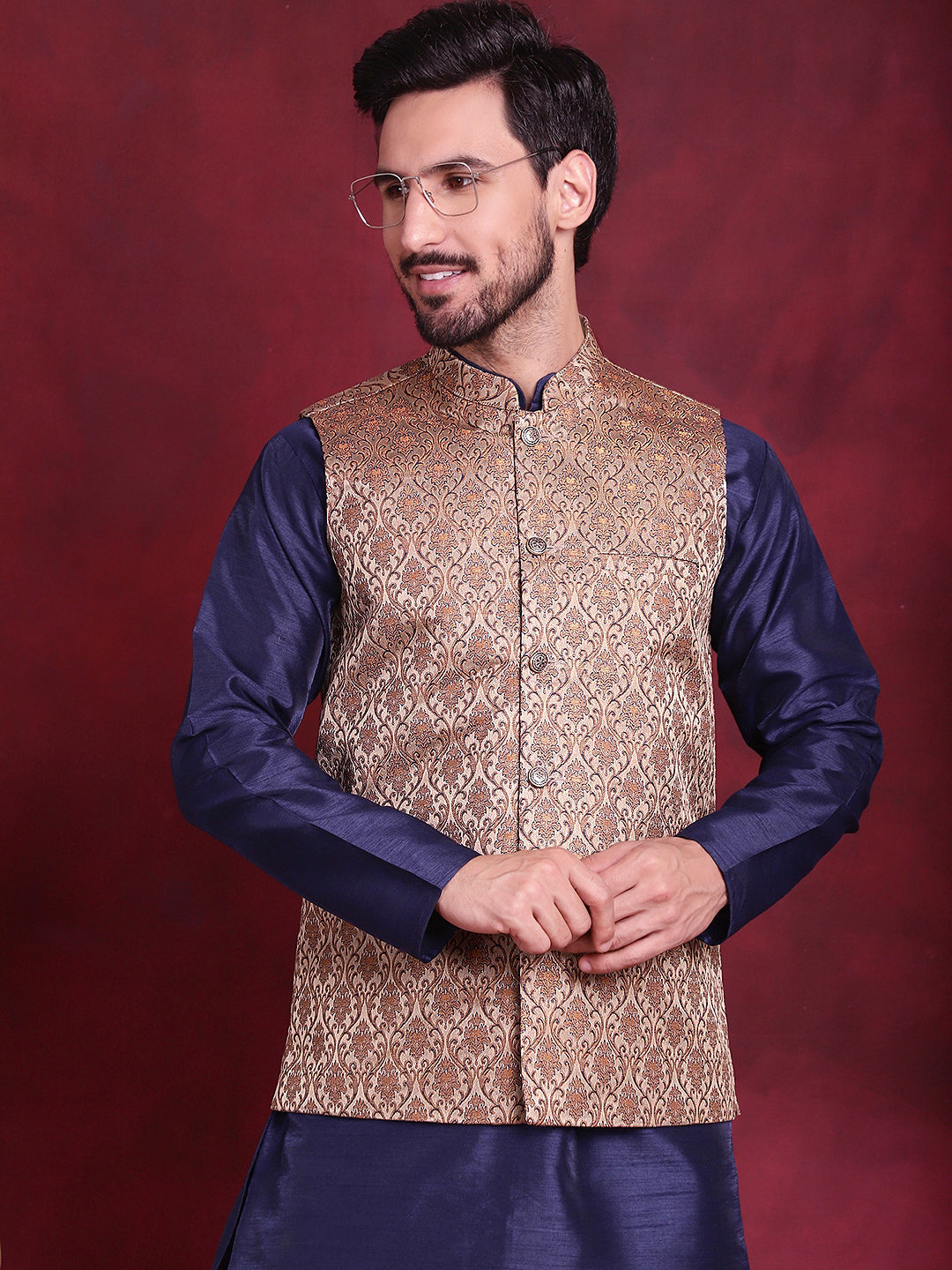 Woven Design Nehru Jacket With Kurta Pyjama Set ( JOKPWC 636N 4089 Brown )