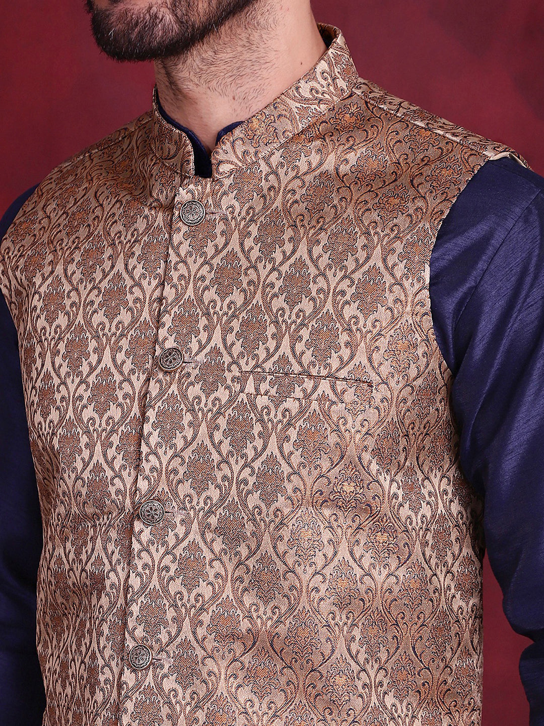 Woven Design Nehru Jacket With Kurta Pyjama Set ( JOKPWC 636N 4089 Brown )