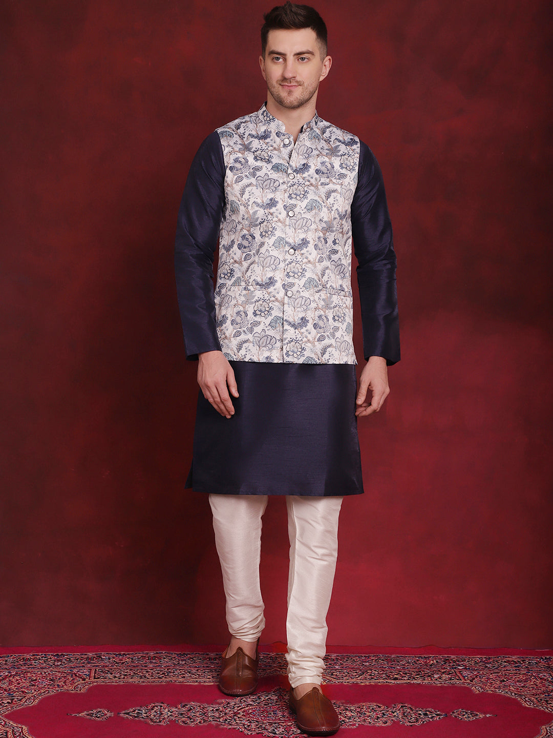 White Floral Printed Nehru Jacket With Kurta Pyjama Set ( JOKPWC 636N 4090White )