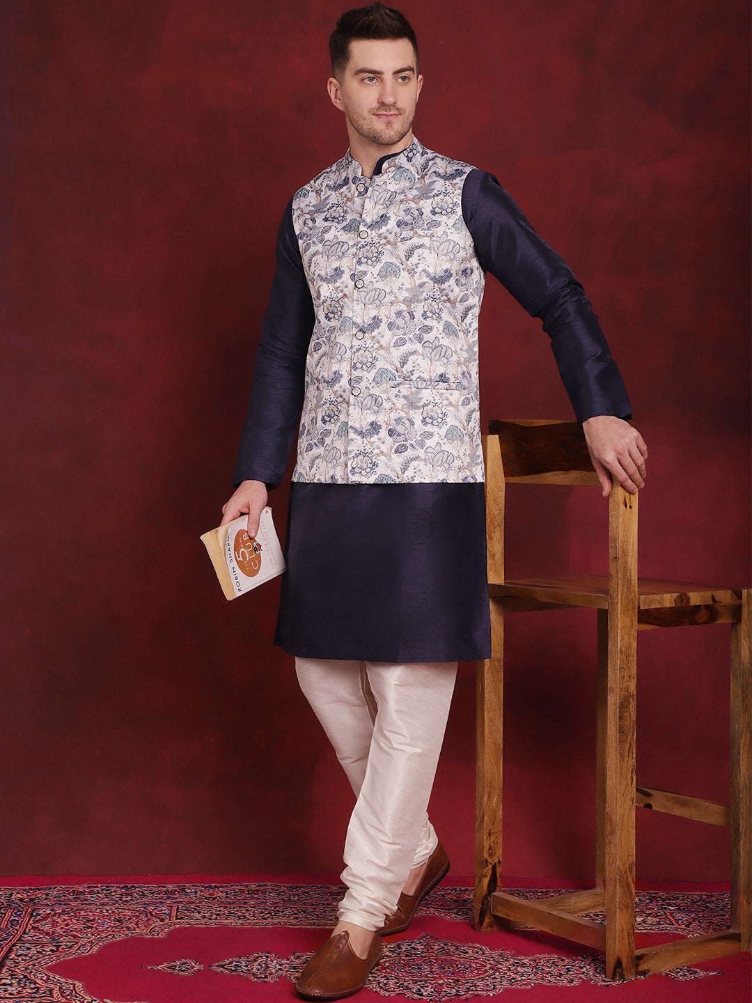 White Floral Printed Nehru Jacket With Kurta Pyjama Set ( JOKPWC 636N 4090White )