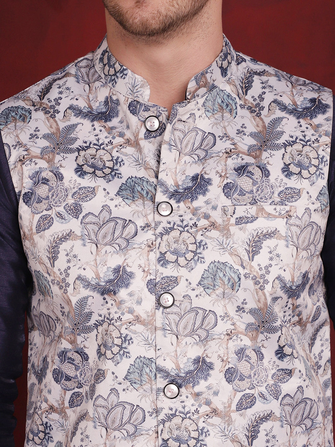 White Floral Printed Nehru Jacket With Kurta Pyjama Set ( JOKPWC 636N 4090White )