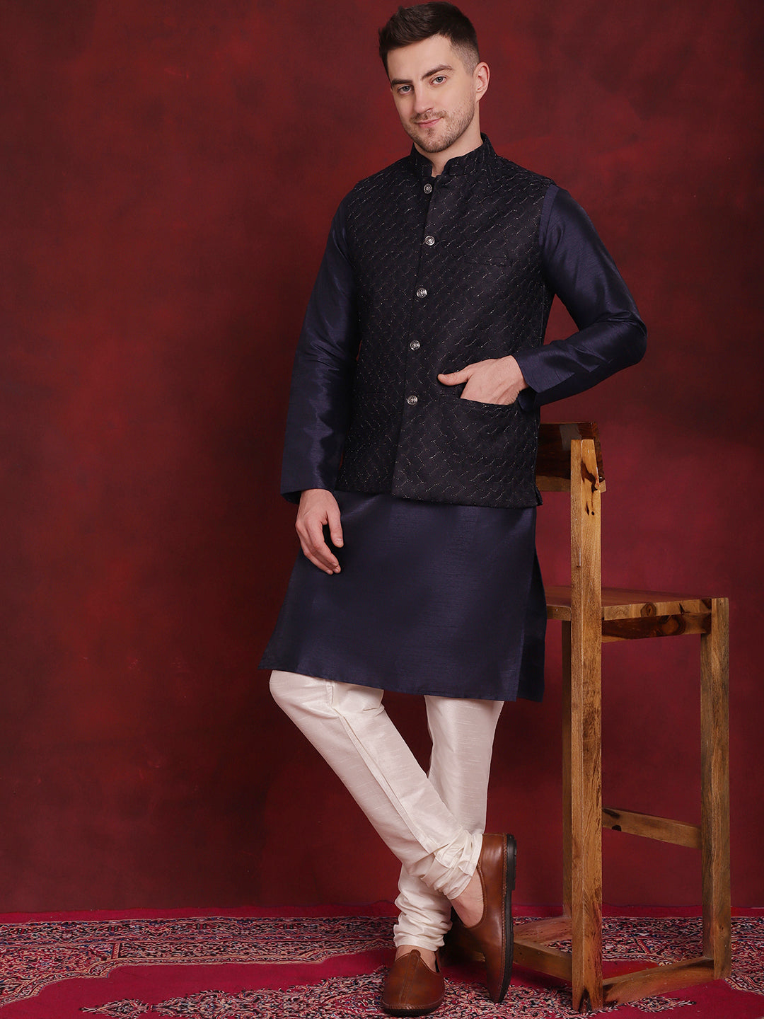 Navy Blue Woven Design Nehru Jacket With Kurta Pyjama Set ( JOKPWC 636N 4091Navy )