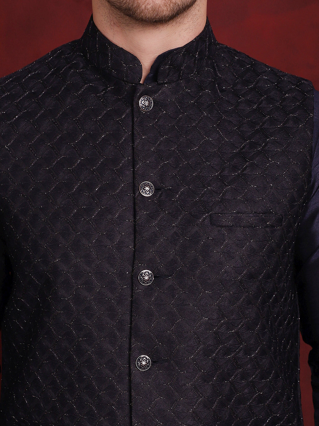 Navy Blue Woven Design Nehru Jacket With Kurta Pyjama Set ( JOKPWC 636N 4091Navy )