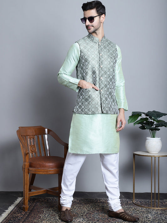 Men's Woven Design Nehru Jacket With Kurta Pyjama Set ( JOKPWC 636P 4083 Pista )