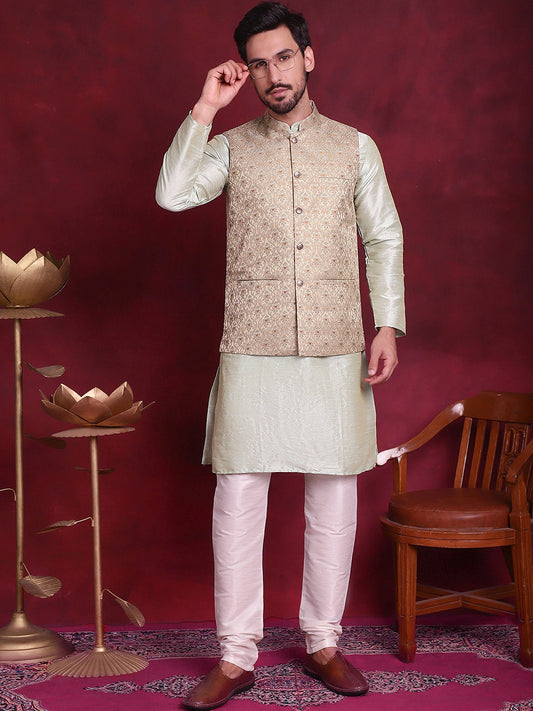 Woven Design Nehru Jacket With Kurta Pyjama Set ( JOKPWC 636P 4089 Golden )