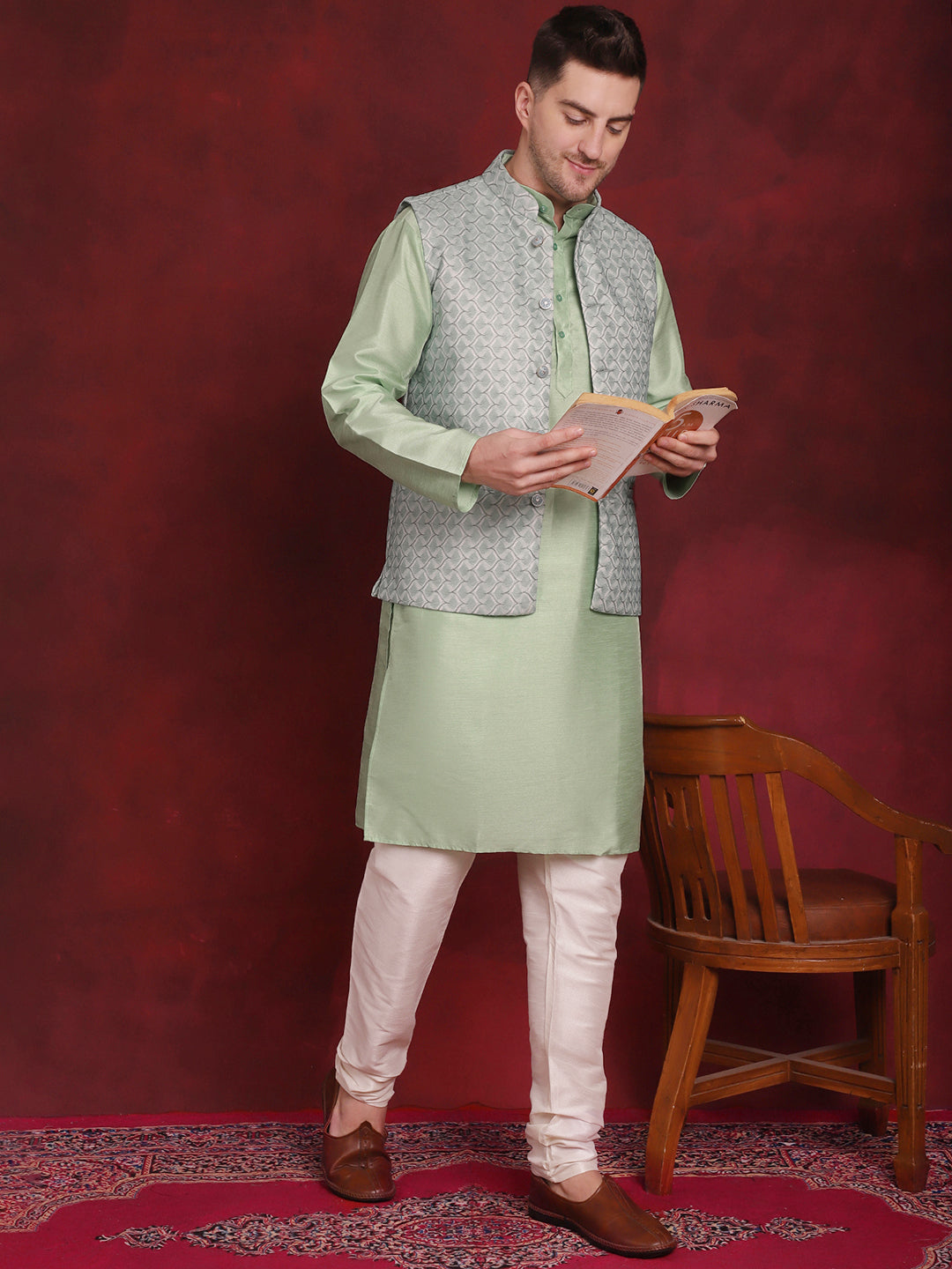 Green Woven Design Nehru Jacket With Kurta Pyjama Set ( JOKPWC 636P 4091Pista )
