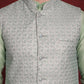 Green Woven Design Nehru Jacket With Kurta Pyjama Set ( JOKPWC 636P 4091Pista )