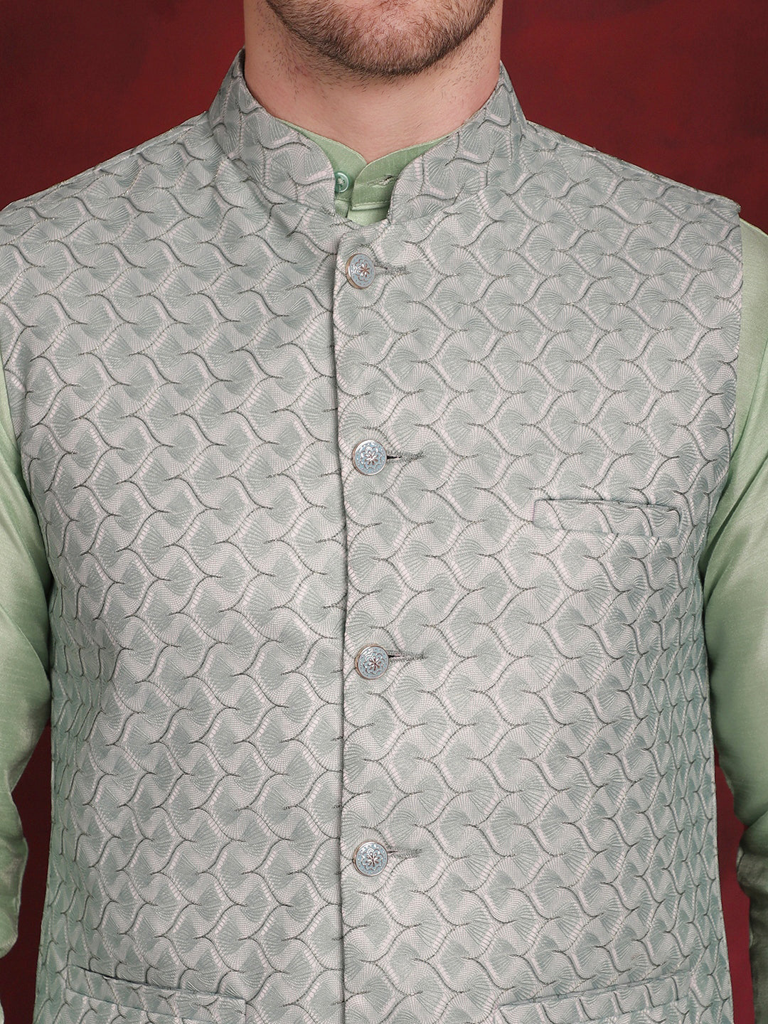 Green Woven Design Nehru Jacket With Kurta Pyjama Set ( JOKPWC 636P 4091Pista )