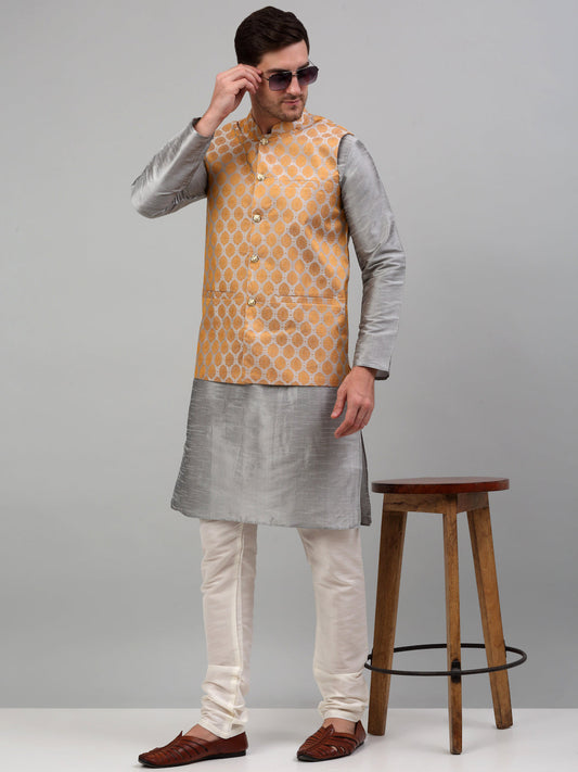 Men's Woven Design Nehru Jacket and Kurta Pyjama Set ( JOKPWC 636S 4026 Silver )