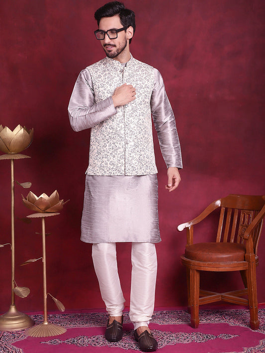 Woven Design Nehru Jacket With Kurta Pyjama Set ( JOKPWC 636S 4087 Grey )