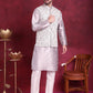 Woven Design Nehru Jacket With Kurta Pyjama Set ( JOKPWC 636S 4087 Grey )