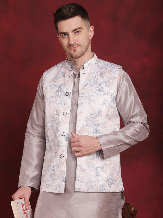 Silver Floral Printed Nehru Jacket With Kurta Pyjama Set ( JOKPWC 636S 4090Silver )