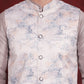 Silver Floral Printed Nehru Jacket With Kurta Pyjama Set ( JOKPWC 636S 4090Silver )