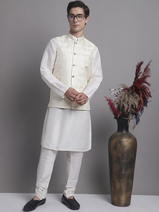 Men's Cream Woven Design Nehru Jacket With Solid Kurta Pyjama. ( JOKPWC 636W 4071 Cream )
