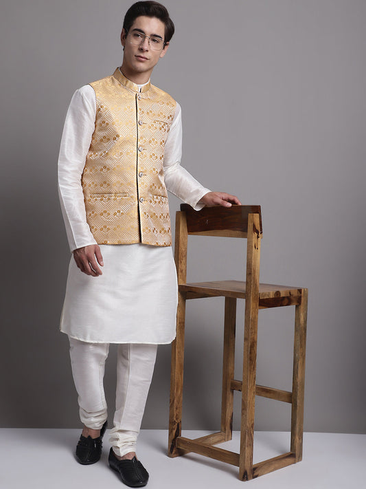 Men's Golden Woven Design Nehru Jacket With Solid Kurta Pyjama. ( JOKPWC 636W 4071 Golden )