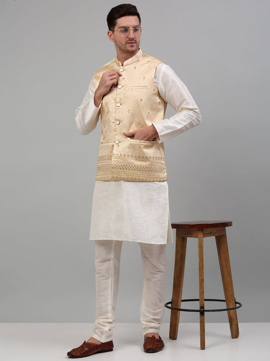 Men's Embroidered Nehru Jacket With Solid Kurta Pyjama Set. ( JOKPWC 636W 4077 Golden )