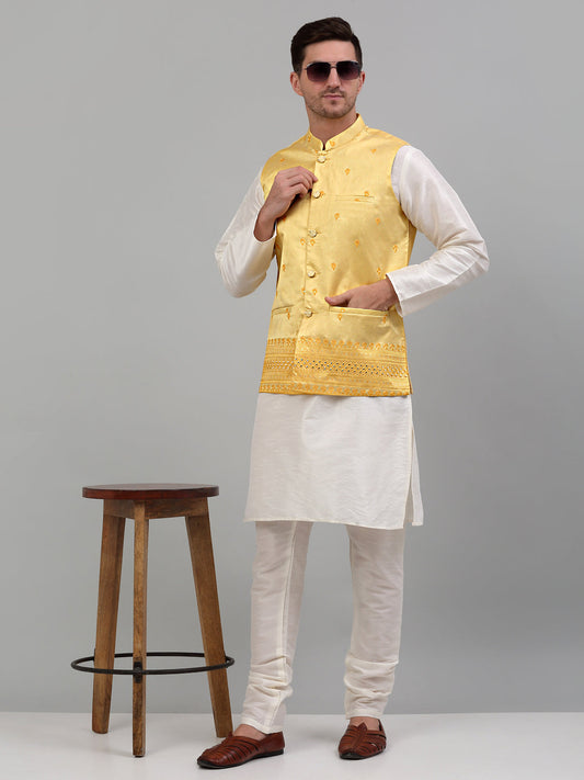 Men's Embroidered Nehru Jacket With Solid Kurta Pyjama Set. ( JOKPWC 636W 4077 Yellow )