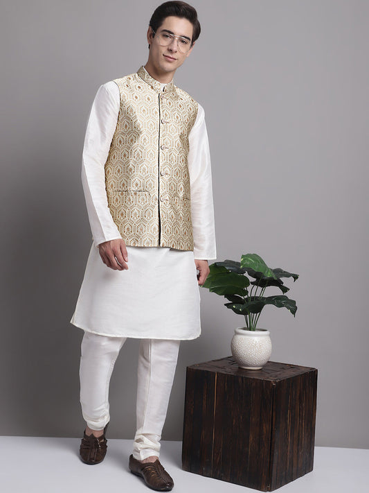 Men's Cream Woven Design Nehru Jacket With Solid Kurta Pyjama. ( JOKPWC 636W 4078 Cream )