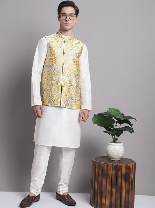 Men's Golden Woven Design Nehru Jacket With Solid Kurta Pyjama. ( JOKPWC 636W 4078 Golden )
