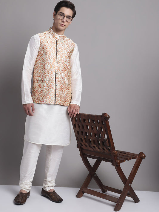 Men's Peach Woven Design Nehru Jacket With Solid Kurta Pyjama. ( JOKPWC 636W 4078 Peach )