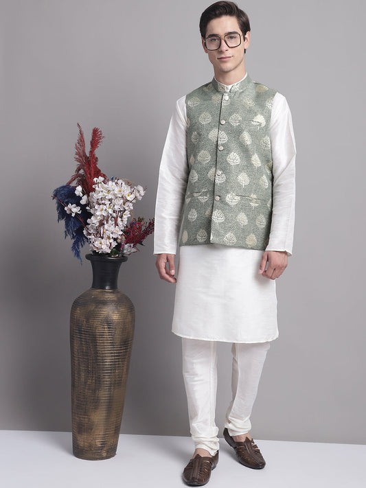 Men's Green Printed Nehru Jacket With Solid Kurta Pyjama. ( JOKPWC 636W 4079 Pista )