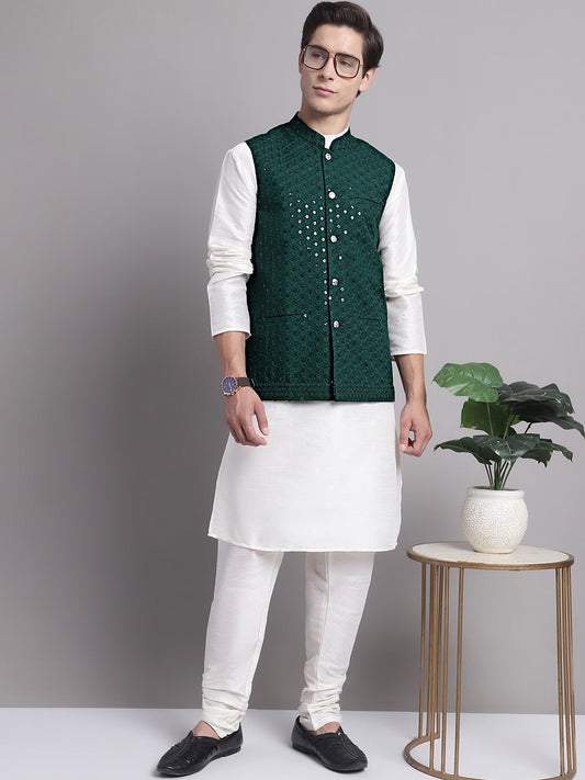 Men's Olive Green Sequins and Embroidred Nehru Jacket With Solid Kurta Pyjama. ( JOKPWC 636W 4080 Olive )