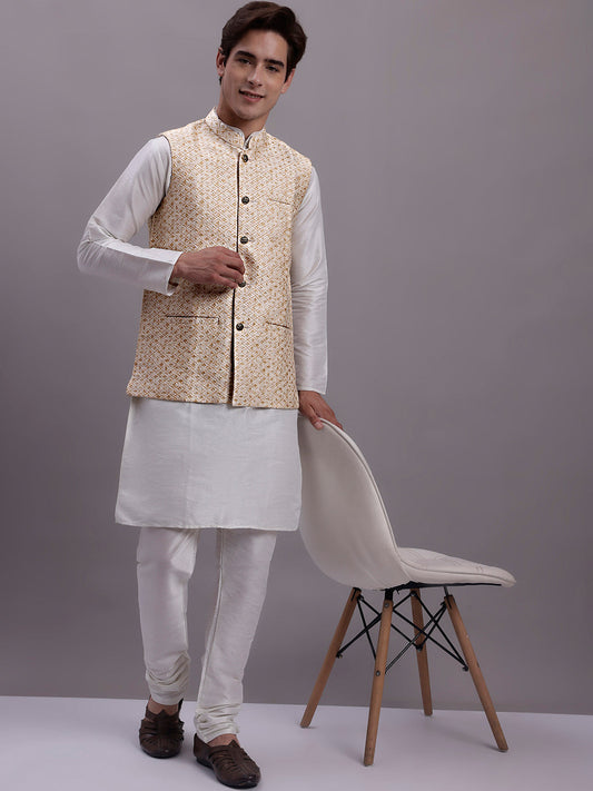Men's Cream Woven Design Nehru Jacket With Solid Kurta Pyjama. ( JOKPWC 636W 4081 Cream )