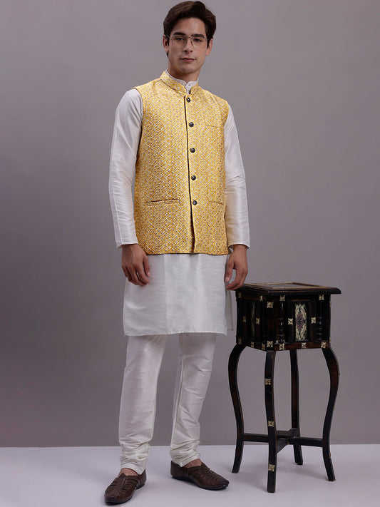 Men's Golden Woven Design Nehru Jacket With Solid Kurta Pyjama. ( JOKPWC 636W 4081 Golden )