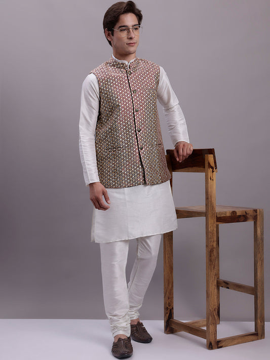 Men's Peach Woven Design Nehru Jacket With Solid Kurta Pyjama. ( JOKPWC 636W 4081 Peach )