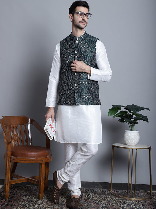Men's Printed Nehru Jacket With Kurta Pyjama Set ( JOKPWC 636W 4084 Olive )