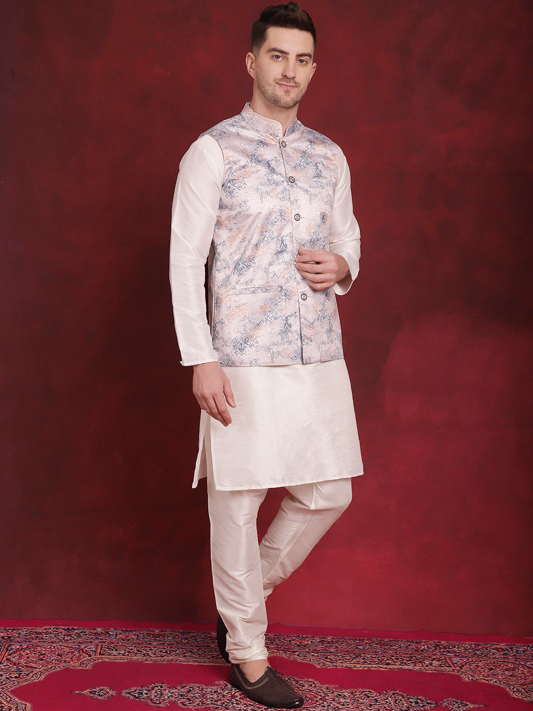 Silver Floral Printed Nehru Jacket With Kurta Pyjama Set ( JOKPWC 636W 4090Silver )