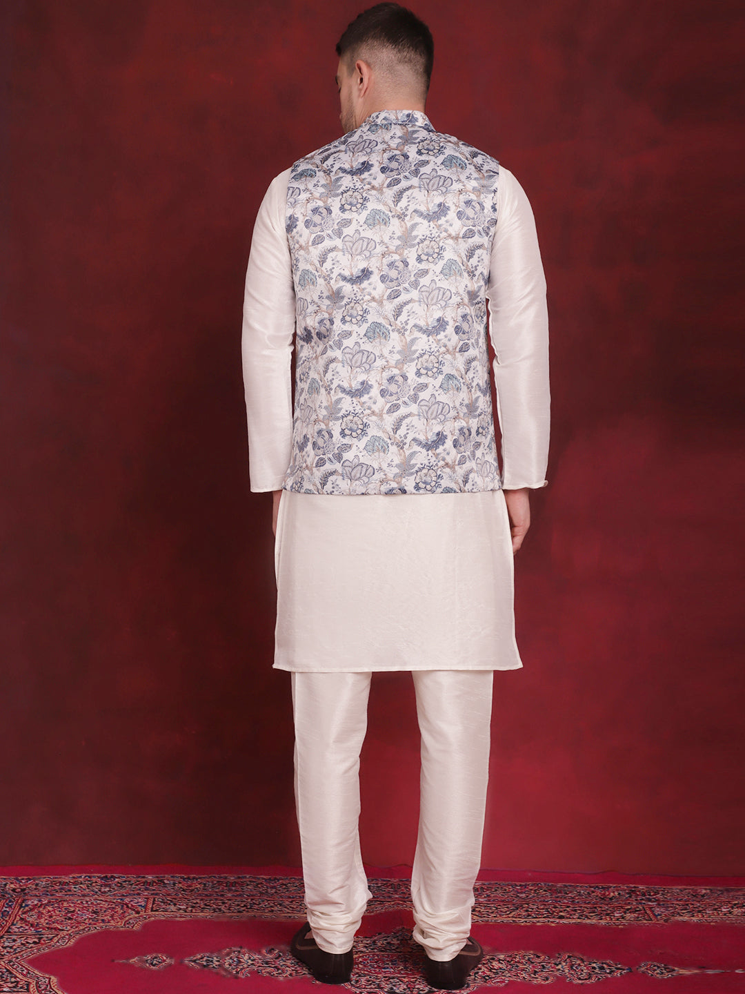 White Floral Printed Nehru Jacket With Kurta Pyjama Set ( JOKPWC 636W 4090White )